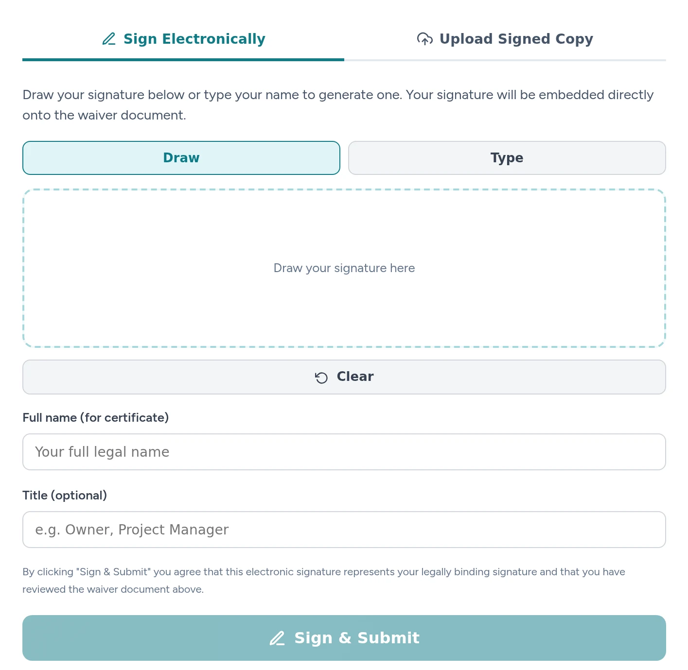EazyWaiver vendor signing panel showing document review, signature method, claimant fields, and Sign and Submit action